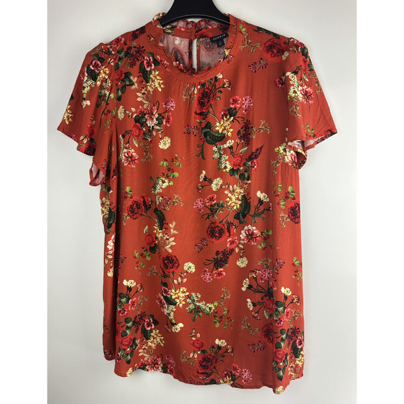 NWT Torrid Rayon Slub Mock Neck Flutter Sleeve Top Floral Orange Plus Size 2 2X - Picture 2 of 12